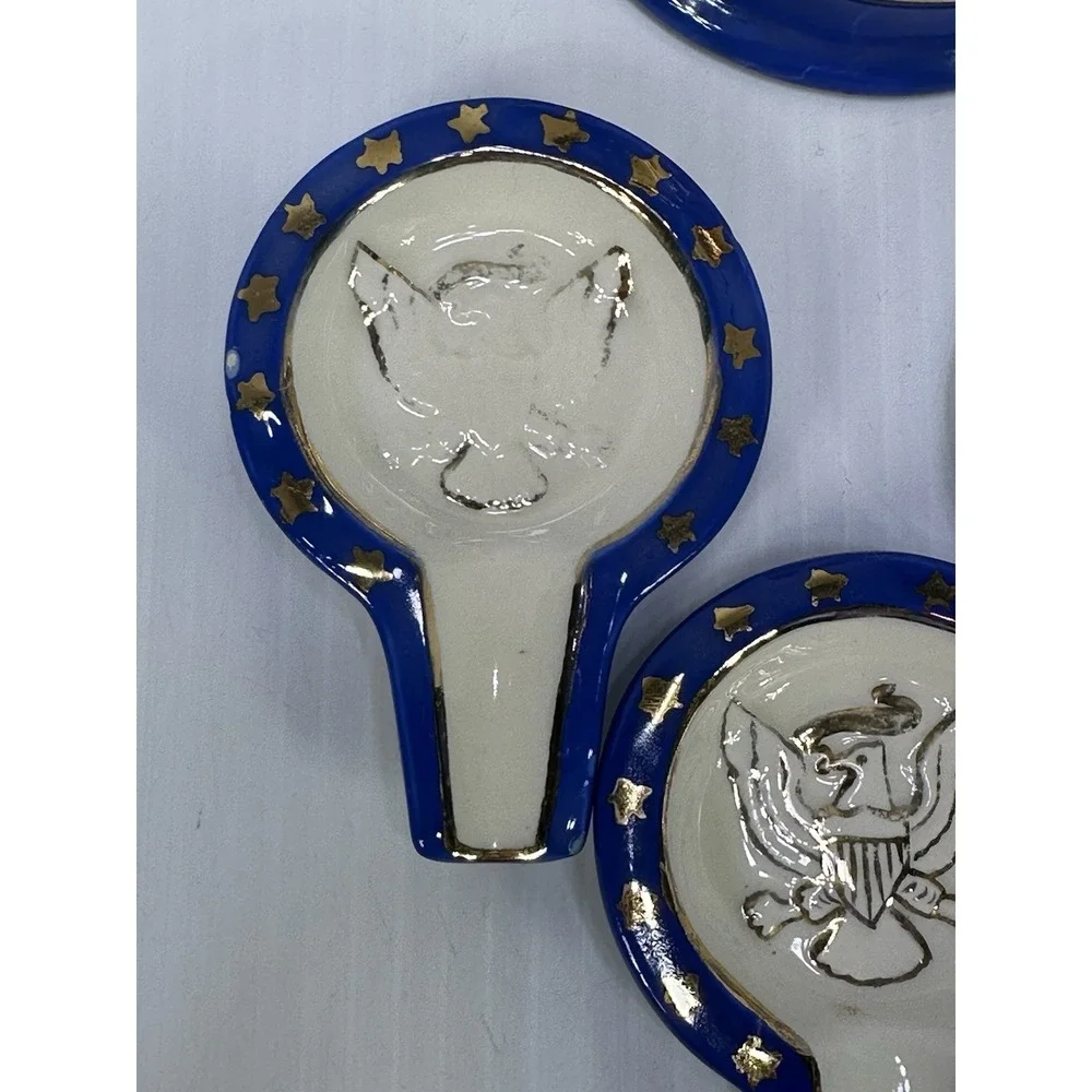 Vintage Tabletop Patriotic Lighter Party Ashtray Set Ceramic Glazed Hand Made